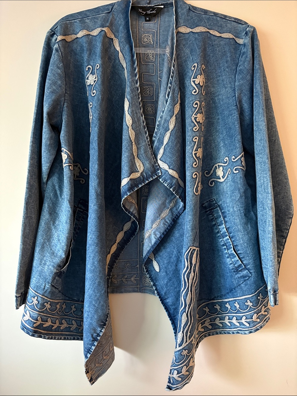 Young Threads Embroidered Denim-Blue Open Front Cardigan